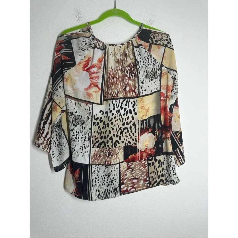 Sioni Top Womens Mulicolor Animal Print 3/4 Sleeve Bohemian Blouse Size S